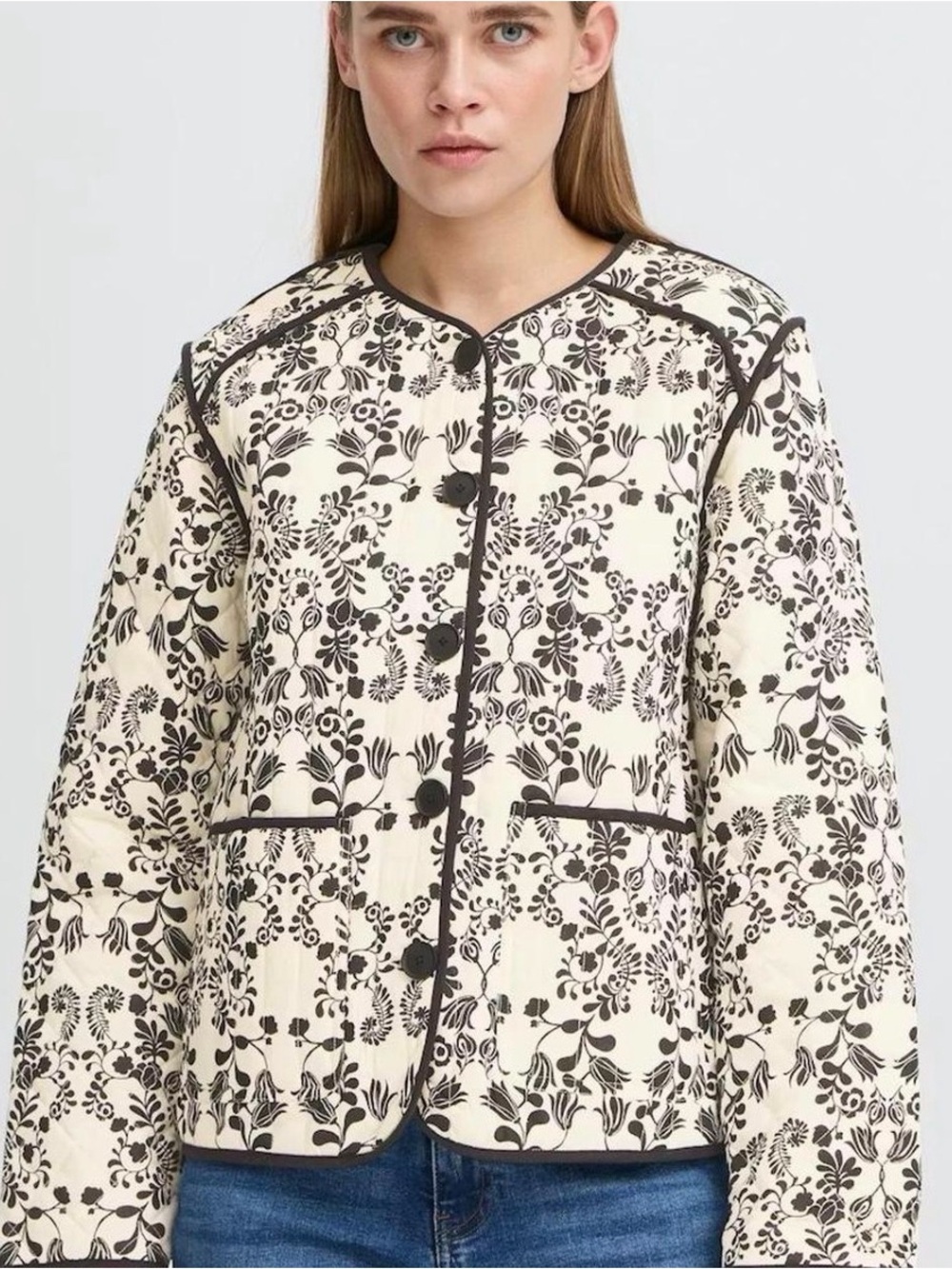 Quilted Floral Bomber Jacket in Ivory and Black